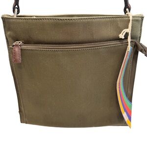 Tano New York Olive Green Canvas Shoulder Bag 3 Center Comp, Outside Zip NWT